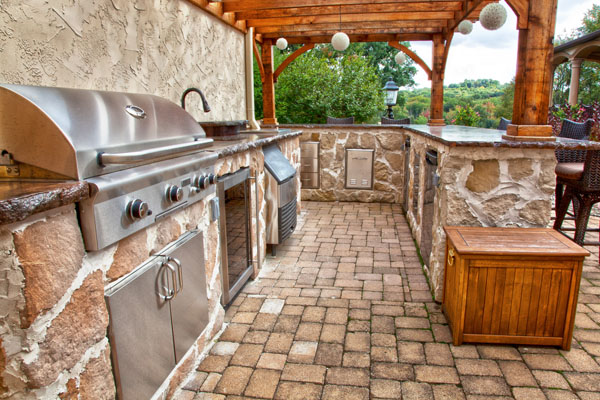Country French Style Outdoor Kitchen with Stainless Steel Appliances